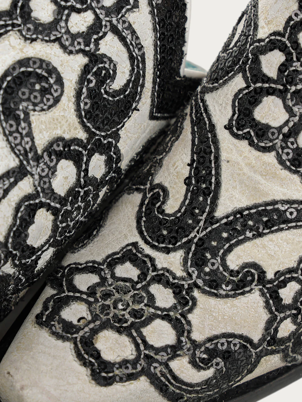 A5127 - WOMEN'S BLACK FLORAL OVERLAY EMBROIDERY AND SEQUINS SNIP TOE WHITE ANKLE COWBOY BOOT - Image 8