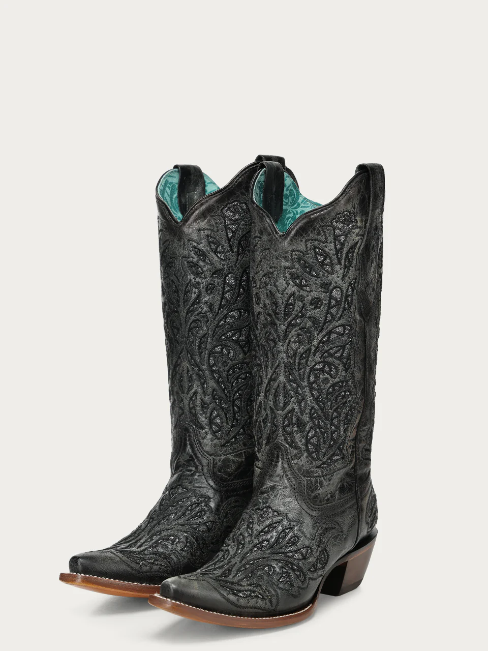 A5095 - WOMEN'S BLACK GLITTER INLAY AND EMBROIDERY SNIP TOE COWBOY BOOT