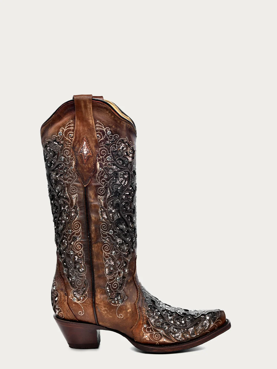 A3671A - WOMEN'S BLACK GLITTER INLAY FLORAL OVERLAY WITH CRYSTALS AND STUDS SNIP TOE COGNAC COWBOY BOOT - Image 3