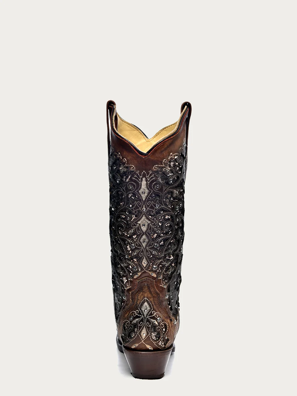 A3671A - WOMEN'S BLACK GLITTER INLAY FLORAL OVERLAY WITH CRYSTALS AND STUDS SNIP TOE COGNAC COWBOY BOOT - Image 5