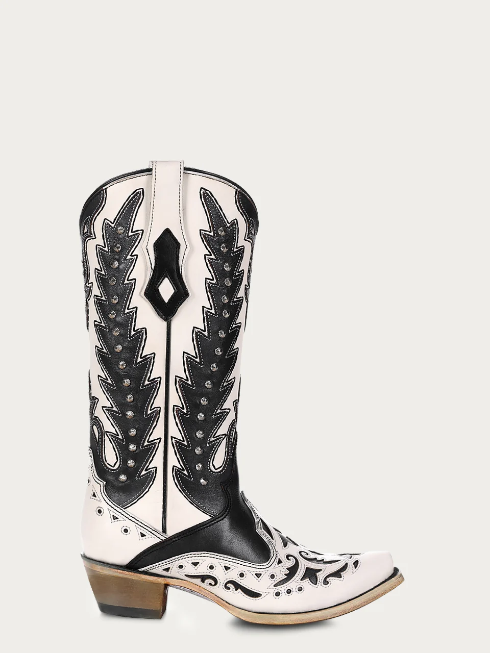 C4160 - WOMEN'S BLACK OVERLAY EMBROIDERY AND STUDS SNIP TOE WHITE COWBOY BOOT - Image 3