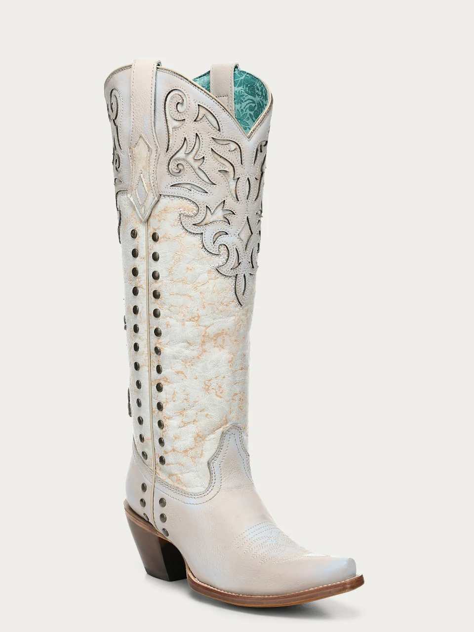 A5016 - WOMEN'S BLUE AND BONE OVERLAY EMBROIDERY AND STUDS TALL TOP SNIP TOE COWBOY BOOT - Image 4