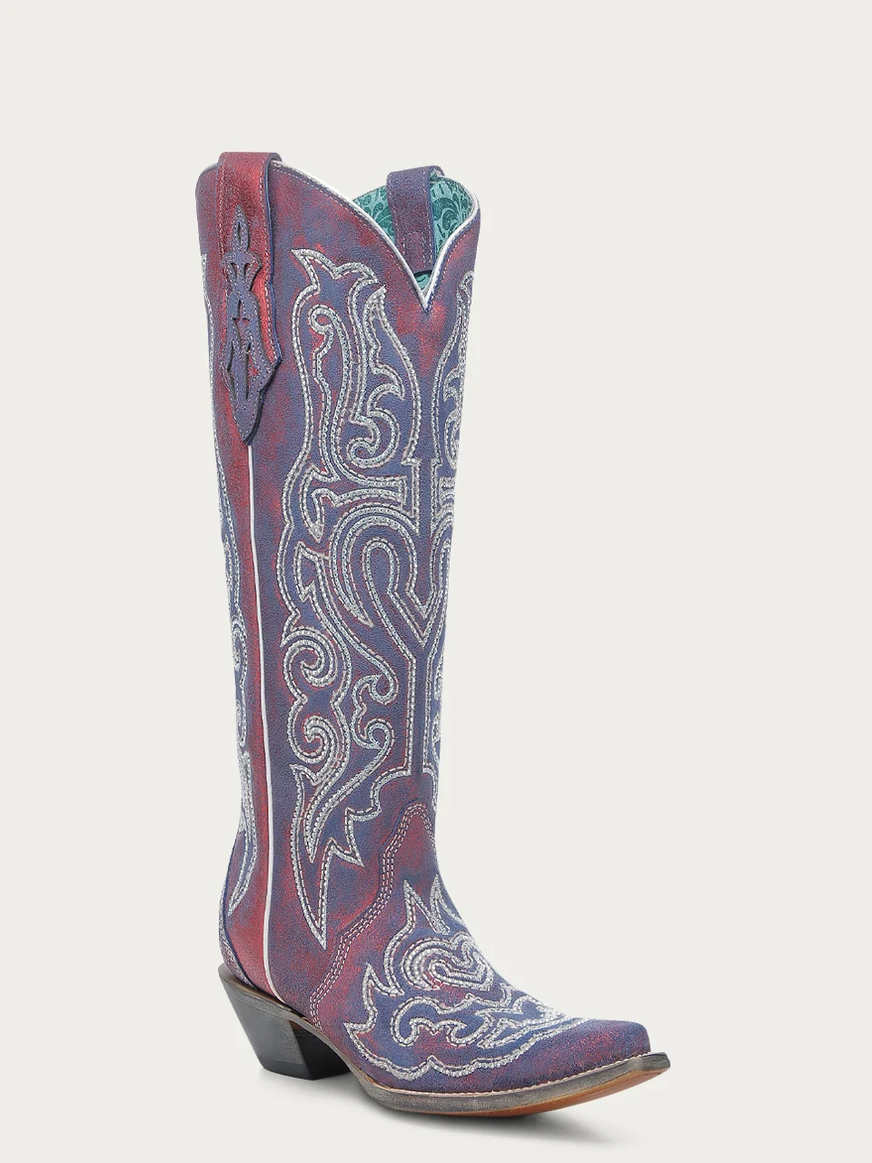 A4772 - WOMEN'S BLUE AND WHITE CHAMELEON EFFECT EMBROIDERY AND CRYSTALS RED TALL TOP SNIP TOE COWBOY BOOT