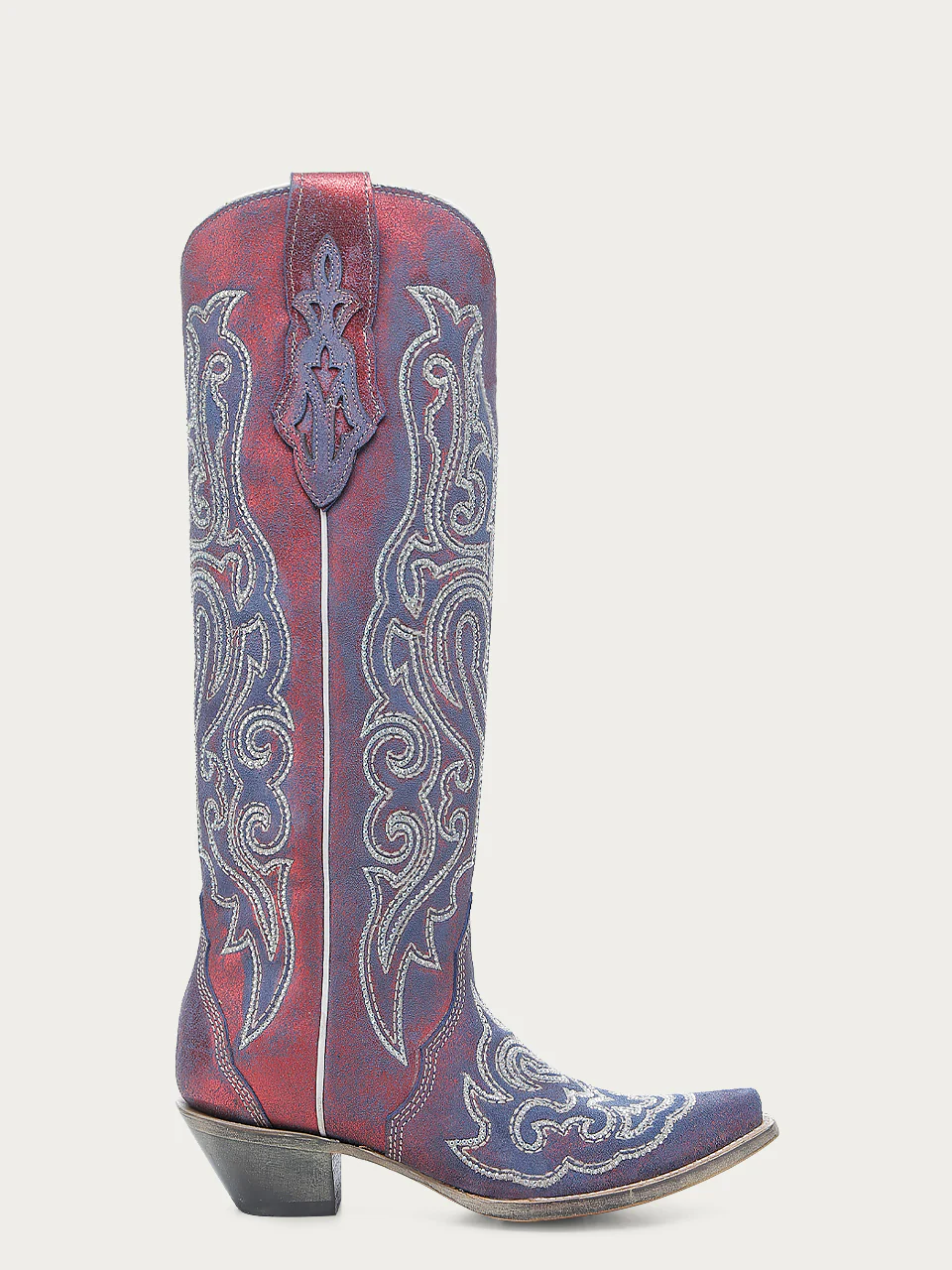 A4772 - WOMEN'S BLUE AND WHITE CHAMELEON EFFECT EMBROIDERY AND CRYSTALS RED TALL TOP SNIP TOE COWBOY BOOT - Image 3