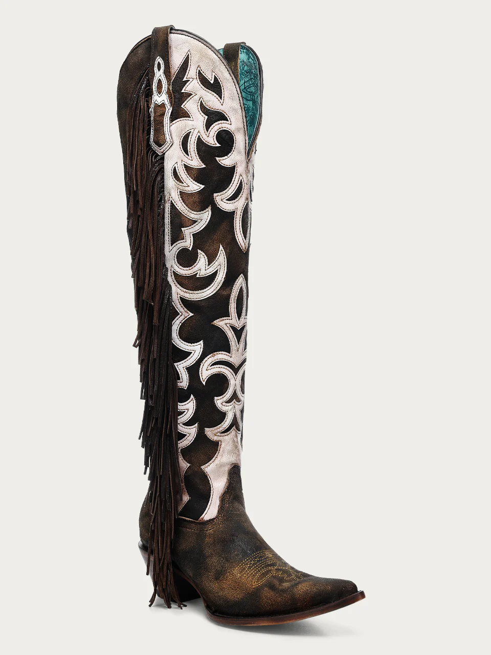 Z5455 - WOMEN'S BONE EMBROIDERY AND OVERLAY WITH FRINGE TALL TOP BROWN POINTED LAMB COWBOY BOOT