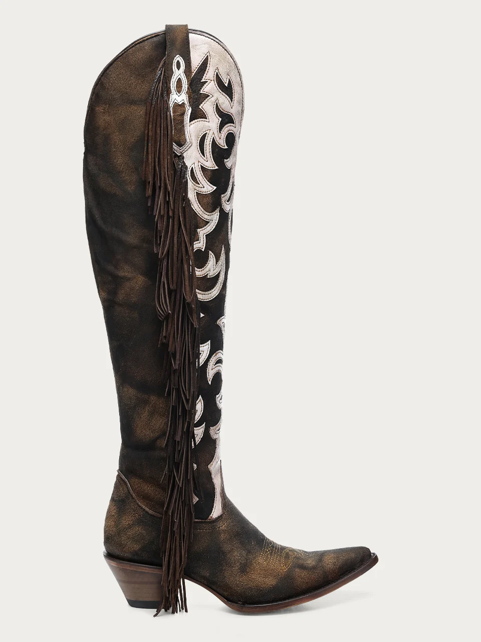 Z5455 - WOMEN'S BONE EMBROIDERY AND OVERLAY WITH FRINGE TALL TOP BROWN POINTED LAMB COWBOY BOOT - Image 3