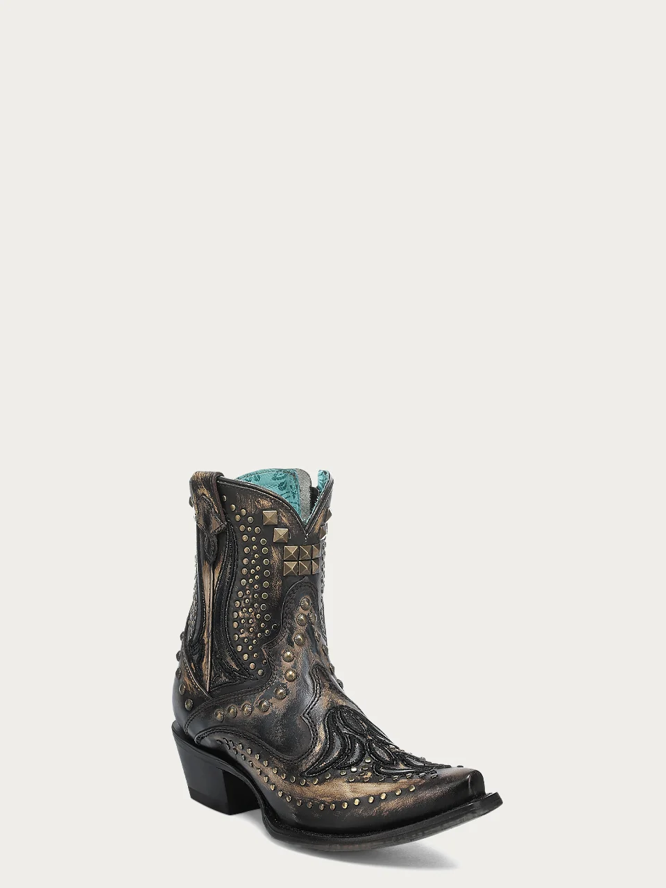 A4829 - WOMEN'S BONE OVERLAY, EMBROIDERY AND STUDS BLACK SNIP TOE ANKLE COWBOY BOOT