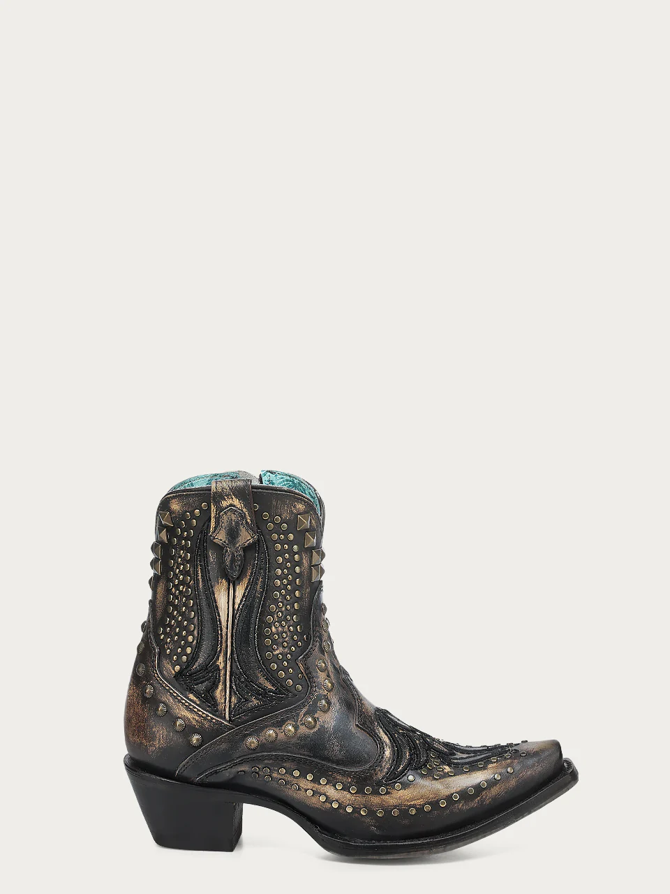 A4829 - WOMEN'S BONE OVERLAY, EMBROIDERY AND STUDS BLACK SNIP TOE ANKLE COWBOY BOOT - Image 2