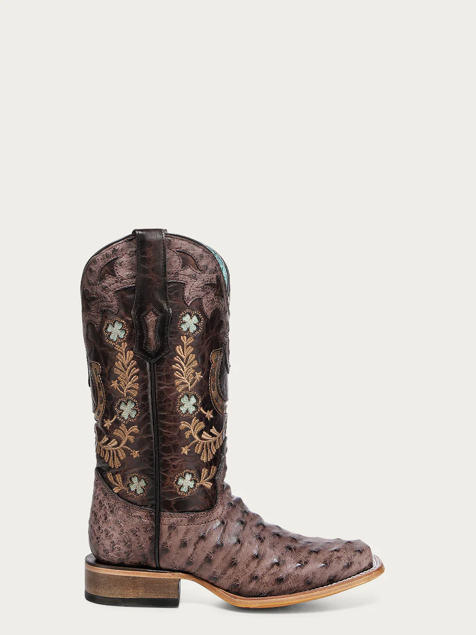 A4851 - WOMEN'S BROWN HORSHOE OVERLAY EMBROIDERY AND HANDWOVEN OSTRICH SQUARE TOE COWBOY BOOT - Image 3