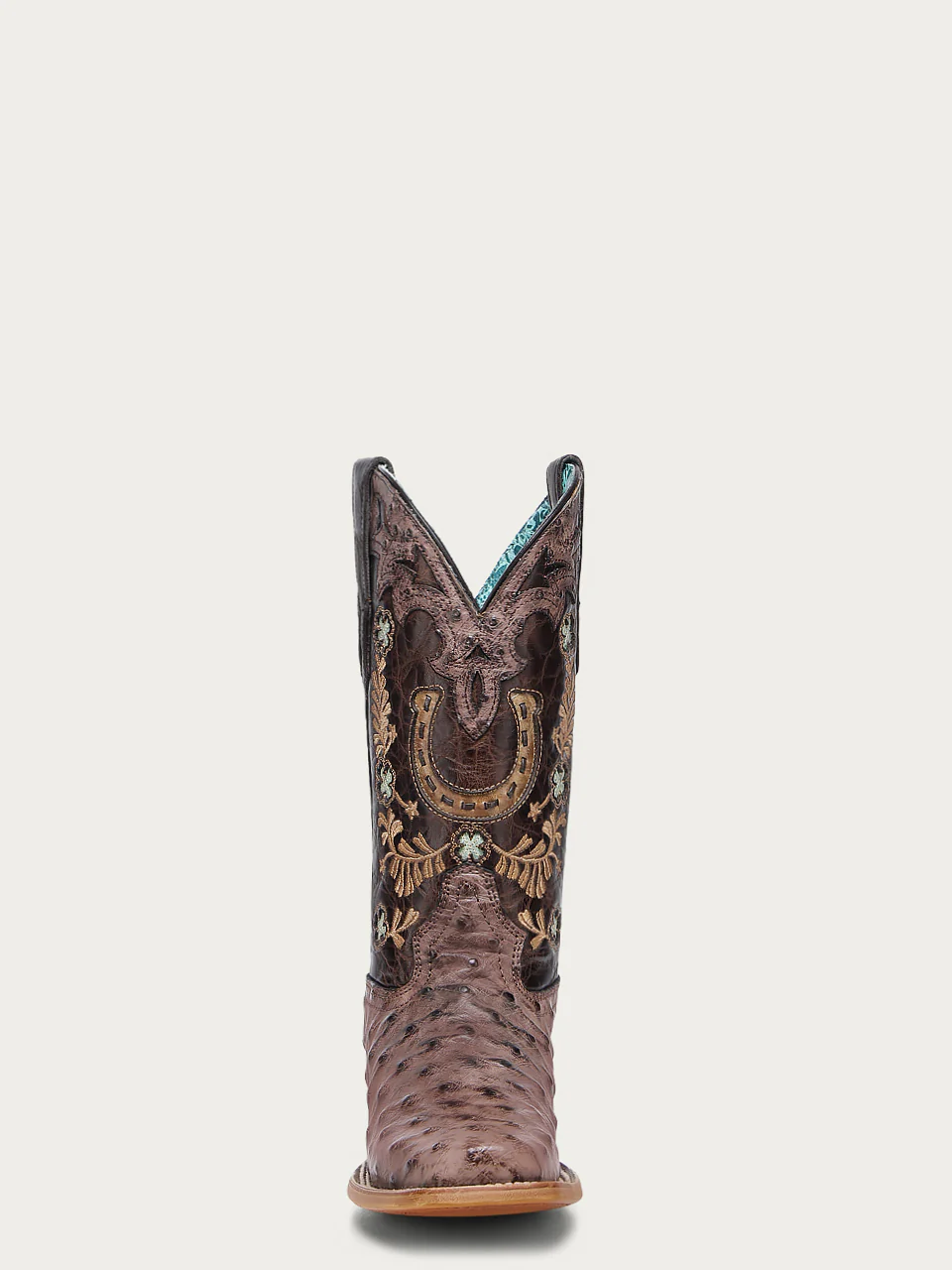 A4851 - WOMEN'S BROWN HORSHOE OVERLAY EMBROIDERY AND HANDWOVEN OSTRICH SQUARE TOE COWBOY BOOT - Image 5