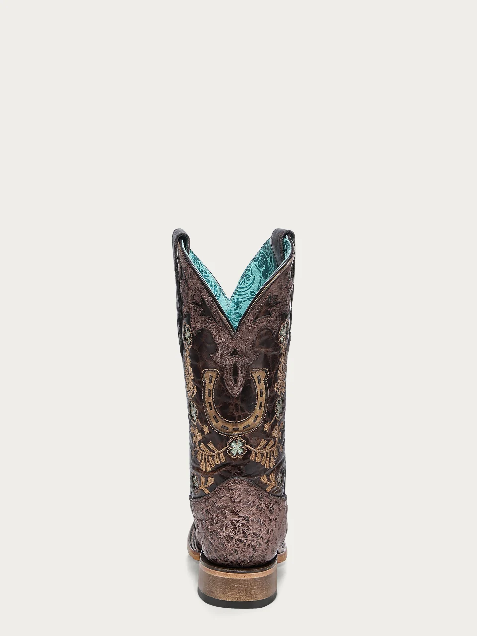 A4851 - WOMEN'S BROWN HORSHOE OVERLAY EMBROIDERY AND HANDWOVEN OSTRICH SQUARE TOE COWBOY BOOT - Image 6