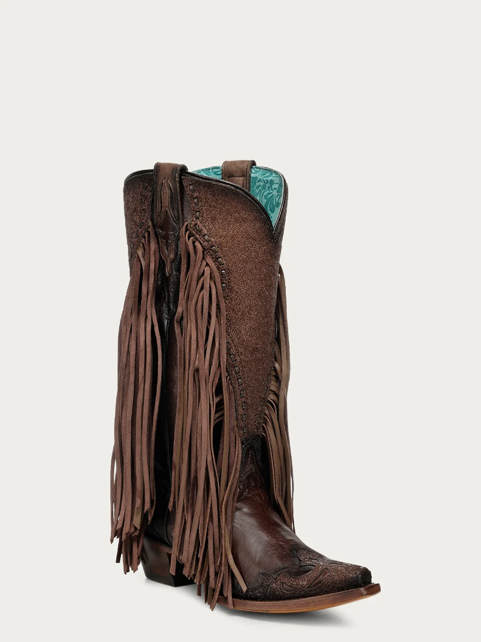 A5023 - WOMEN'S BROWN OVERLAY AND EMBROIDERY LAMB FRINGE WOVEN SNIP TOE COWBOY BOOT - Image 3