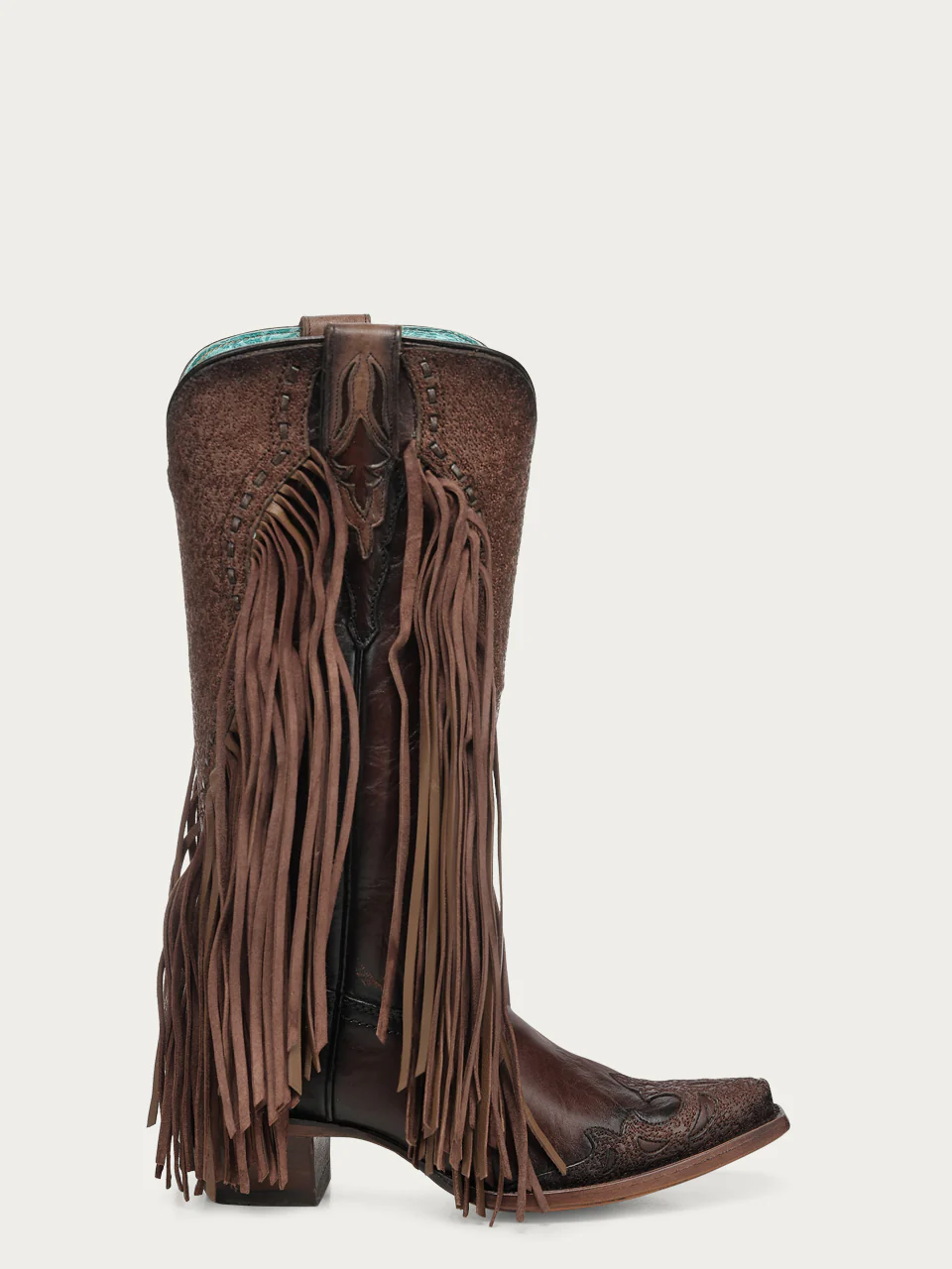 A5023 - WOMEN'S BROWN OVERLAY AND EMBROIDERY LAMB FRINGE WOVEN SNIP TOE COWBOY BOOT - Image 4
