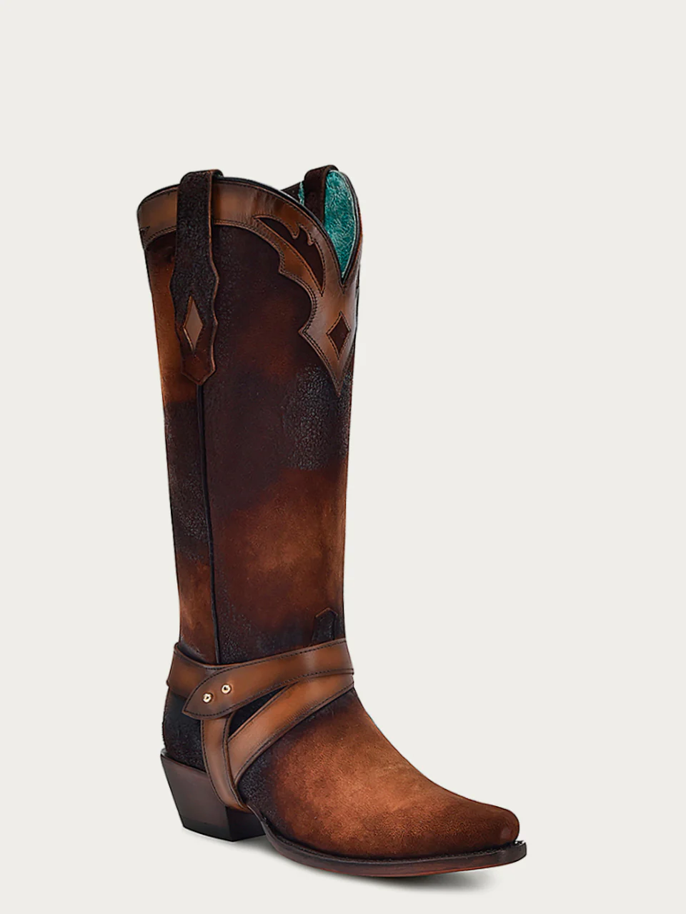 F1369 - WOMEN'S DARK BROWN LAMB EBORIDERY, HARNESS AND OVERLAY SNIP TOE COWBOY BOOT