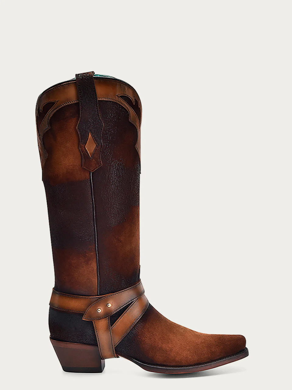 F1369 - WOMEN'S DARK BROWN LAMB EBORIDERY, HARNESS AND OVERLAY SNIP TOE COWBOY BOOT - Image 2