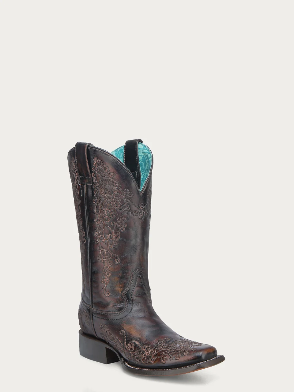 A4806 - WOMEN'S DARK HONEY FLORAL EMBROIDERY SQUARE TOE COWBOY BOOT