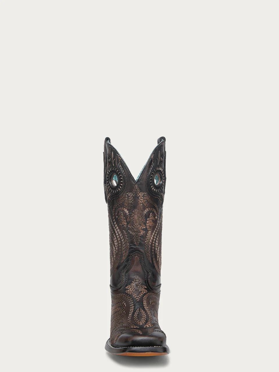 A4841 - WOMEN'S EMBROIDERY AND OVERLAY WITH RUBBER APPLICATIONS BAND BLACKED HONEY WIDE SQUARE TOE COWBOY BOOT WITH PULL HOLES - Image 4