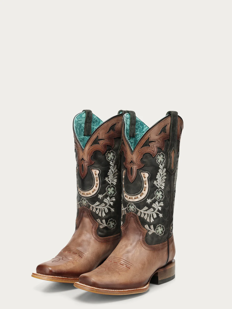 A5024 - WOMEN'S FADED BLACK HORSESHOE OVERLAY EMBROIDERY AND HANDWOVEN TAN SQUARE TOE COWBOY BOOT
