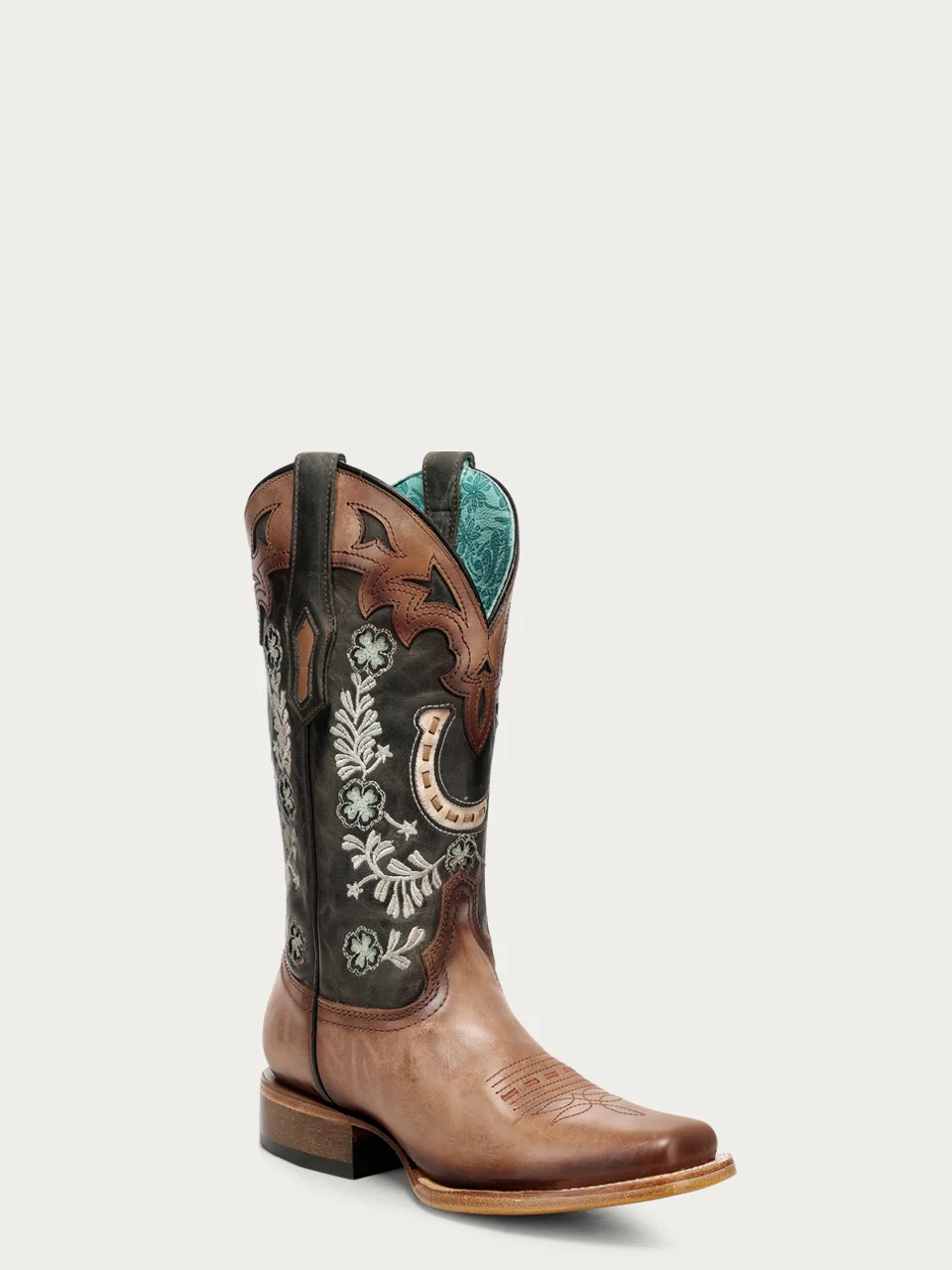 A5024 - WOMEN'S FADED BLACK HORSESHOE OVERLAY EMBROIDERY AND HANDWOVEN TAN SQUARE TOE COWBOY BOOT - Image 3