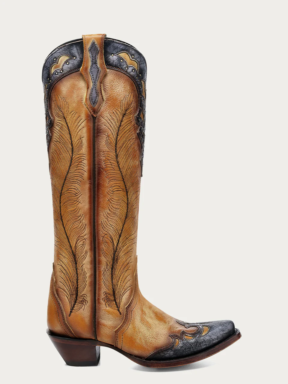 A4765 - WOMEN'S FEATHER EMBROIDERY WITH CRACKLED OVERLAY AND STUDS YELLOW SNIP TOE COWBOY BOOT - Image 3
