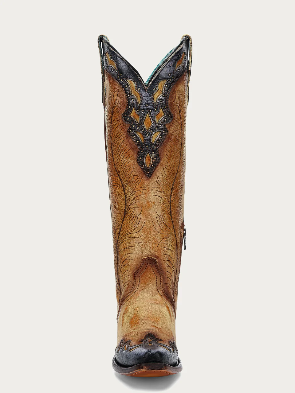 A4765 - WOMEN'S FEATHER EMBROIDERY WITH CRACKLED OVERLAY AND STUDS YELLOW SNIP TOE COWBOY BOOT - Image 4