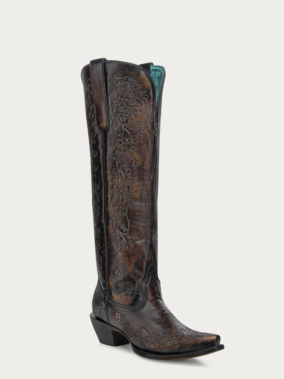 A4789 - WOMEN'S FLORAL EMBROIDERY BLACK AND HONEY SNIP TOE TALL TOP COWBOY BOOT