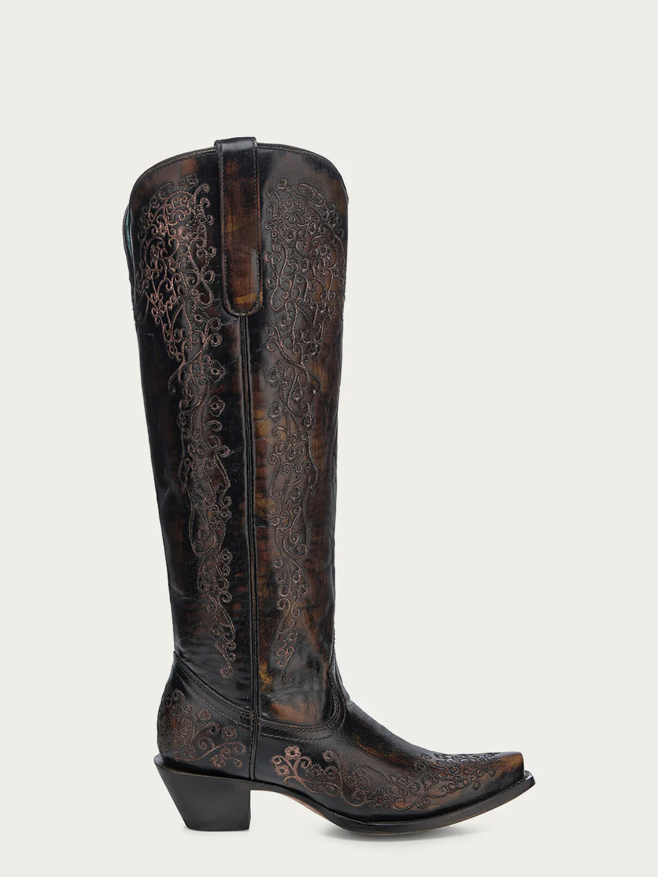 A4789 - WOMEN'S FLORAL EMBROIDERY BLACK AND HONEY SNIP TOE TALL TOP COWBOY BOOT - Image 3