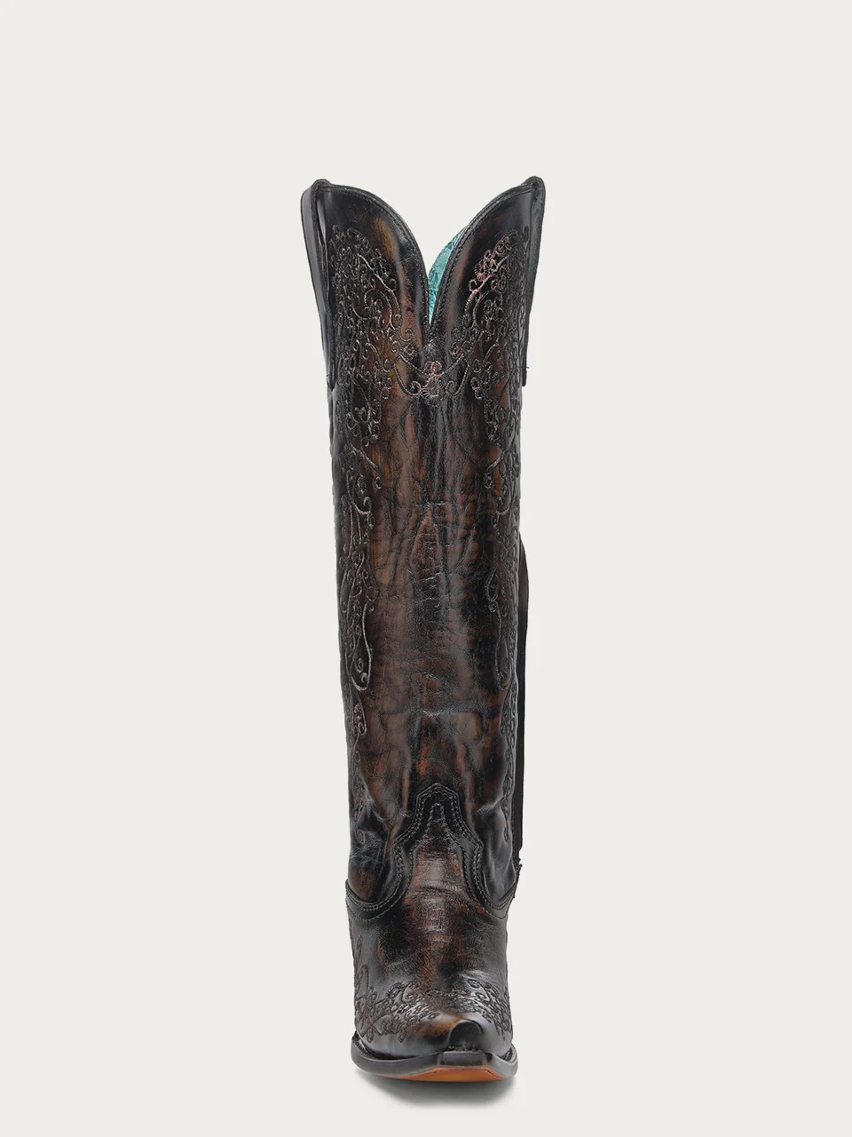 A4789 - WOMEN'S FLORAL EMBROIDERY BLACK AND HONEY SNIP TOE TALL TOP COWBOY BOOT - Image 5