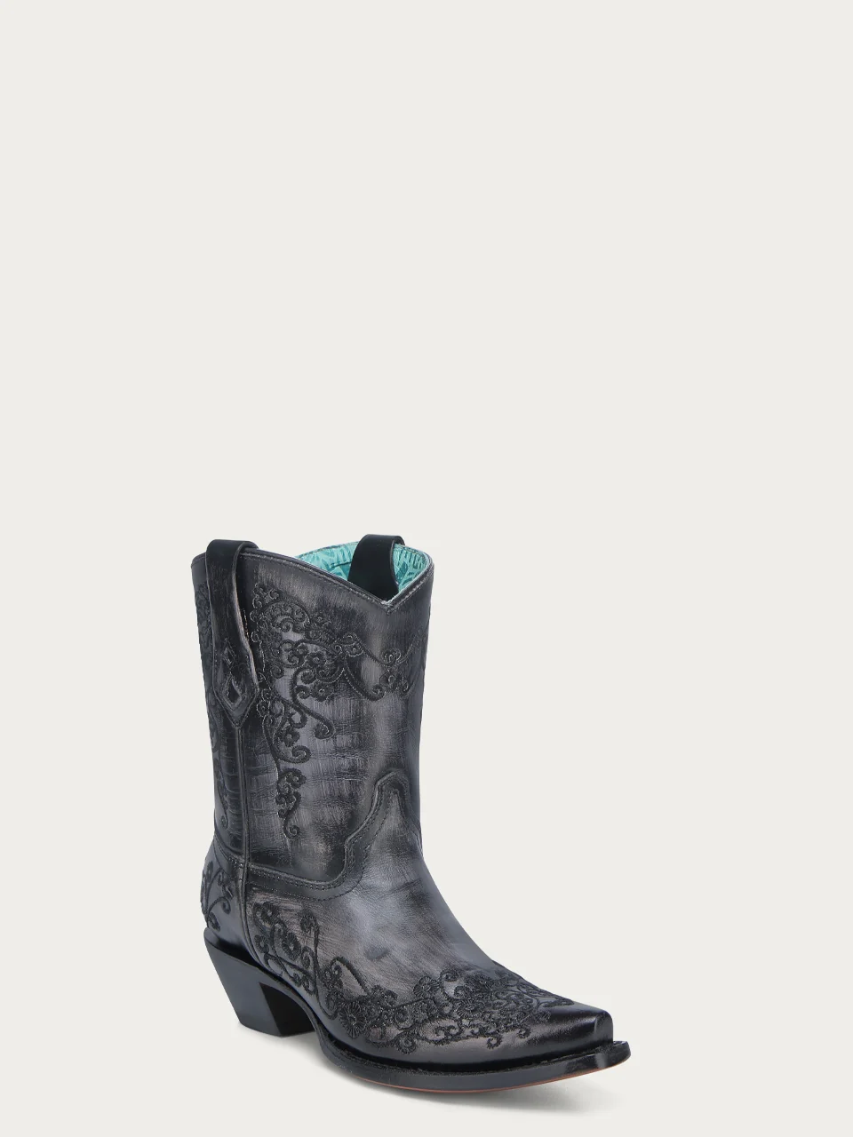 A4810 - WOMEN'S FLORAL EMBROIDERY BLACK SNIP TOE ANKLE COWBOY BOOT