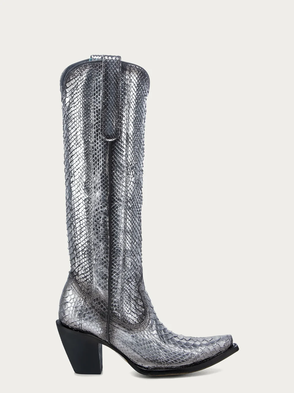 A4716 - WOMEN'S GENUINE FULL PYTHON BLACK AND SILVER TALL TOP SNIP TOE COWBOY BOOT - Image 3