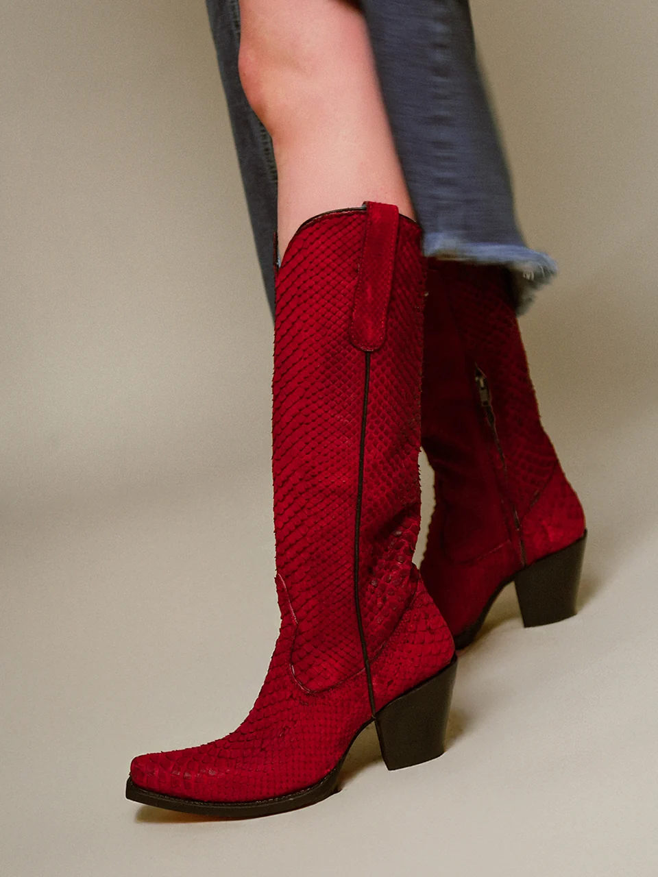 A4194 - WOMEN'S GENUINE RED FULL PYTHON SNIP TOE TALL TOP COWBOY BOOT - Image 2