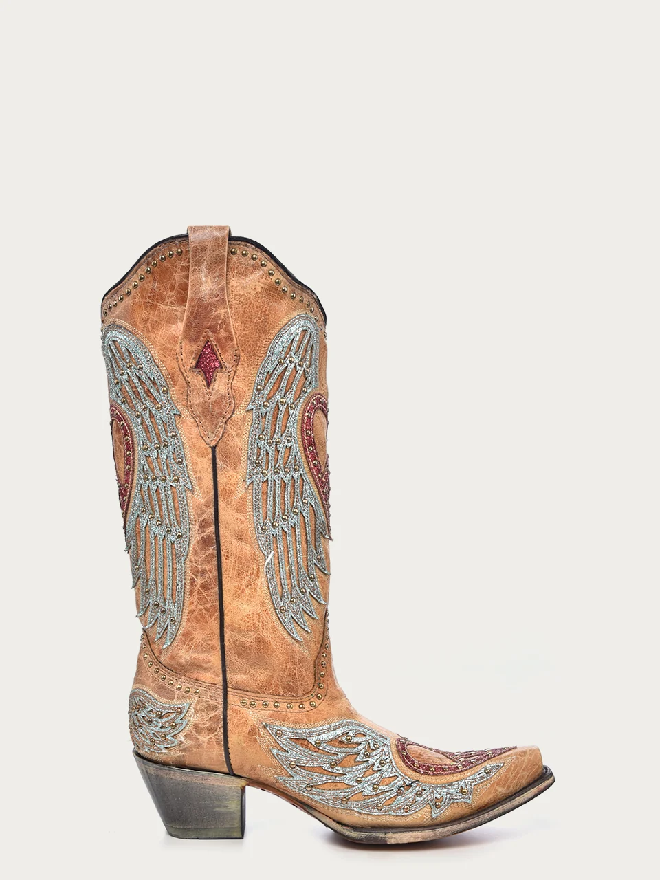 A4235 - WOMEN'S HEART AND CROSS OVERLAY AND STUDS WORN FINISH SAND SNIP TOE COWBOY BOOT - Image 3