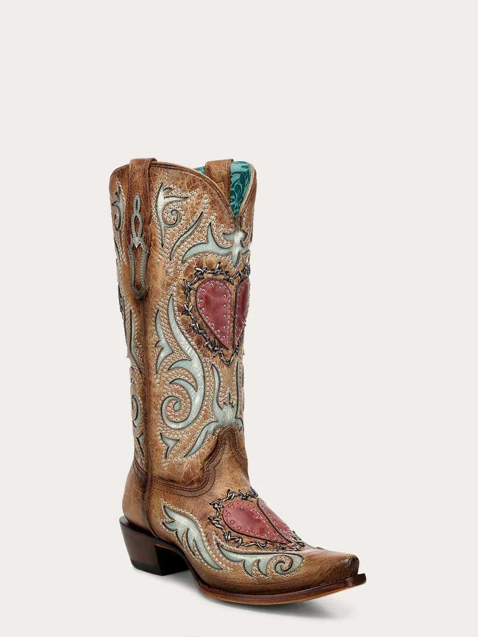 A5090 - WOMEN'S HEART INLAY EMBROIDERY STUDS AND WOVEN BARBBED WIRE SAND SNIP TOE COWBOY BOOT - Image 3