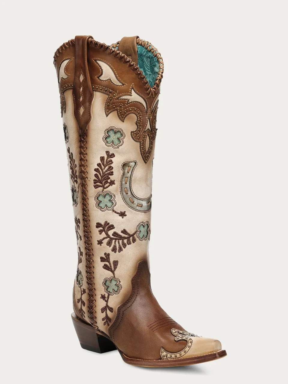A5004 - WOMEN'S HONEY HORSESHOE OVERLAY EMBROIDERY AND STUDS HANDWOVEN SNIP TOE TALL TOP COWBOY BOOT - Image 3