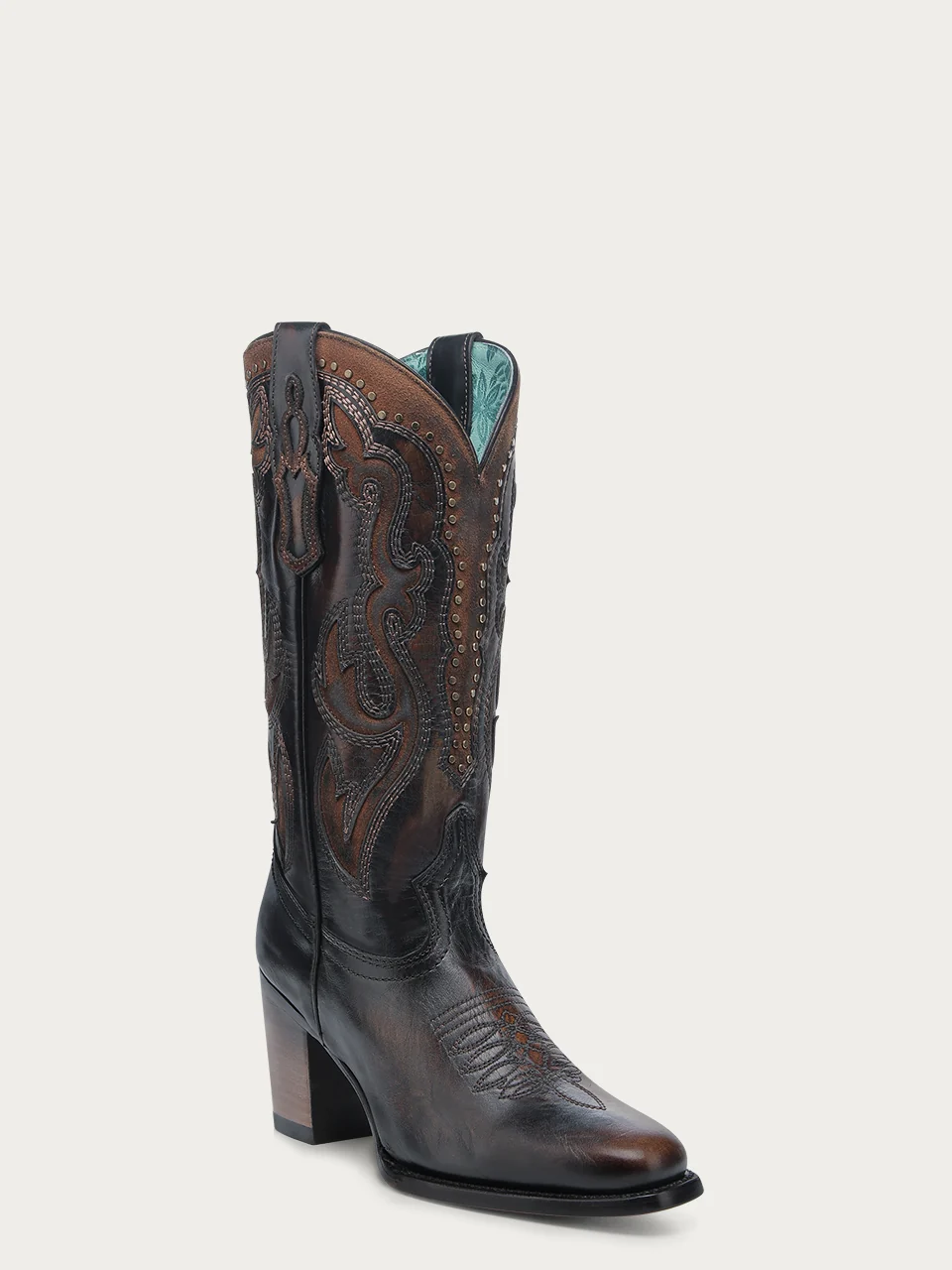 C4232 - WOMEN'S HONEY INLAY EMBROIDERY AND STUDS BLACK NARROW SQUARE TOE COWBOY BOOT
