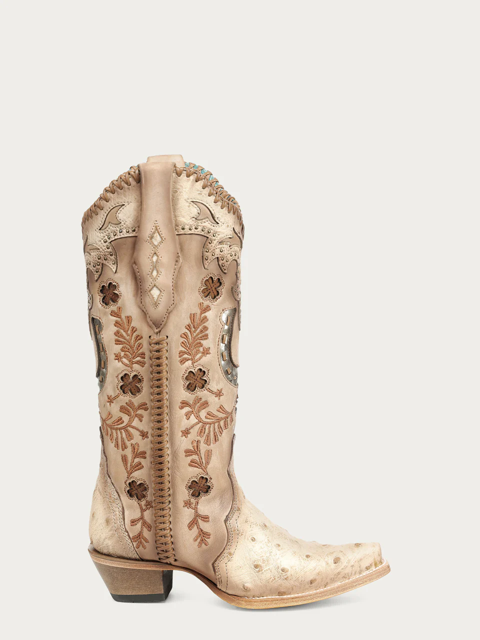 A5147 - WOMEN'S IVORY HORSESHOE OVERLAY EMBROIDERY STUDS HANDWOVEN COWHIDE AND OSTRICH SNIP TOE COWBOY BOOT - Image 5