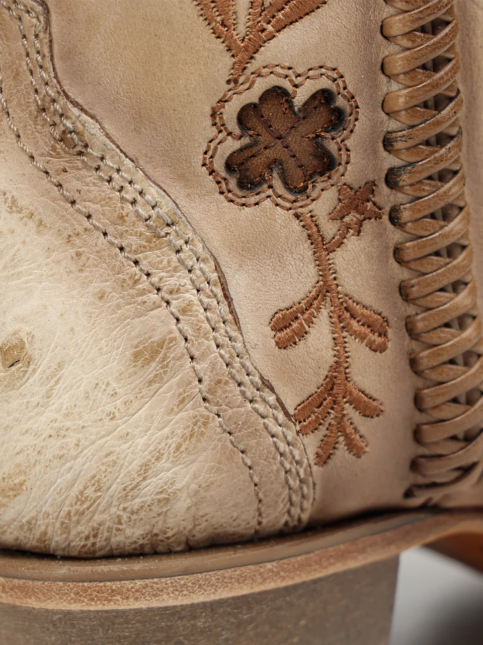 A5147 - WOMEN'S IVORY HORSESHOE OVERLAY EMBROIDERY STUDS HANDWOVEN COWHIDE AND OSTRICH SNIP TOE COWBOY BOOT - Image 8