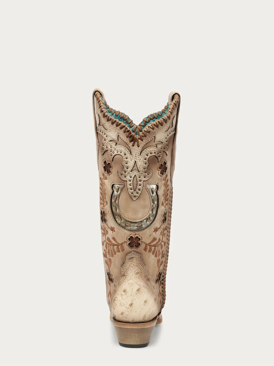 A5147 - WOMEN'S IVORY HORSESHOE OVERLAY EMBROIDERY STUDS HANDWOVEN COWHIDE AND OSTRICH SNIP TOE COWBOY BOOT - Image 9