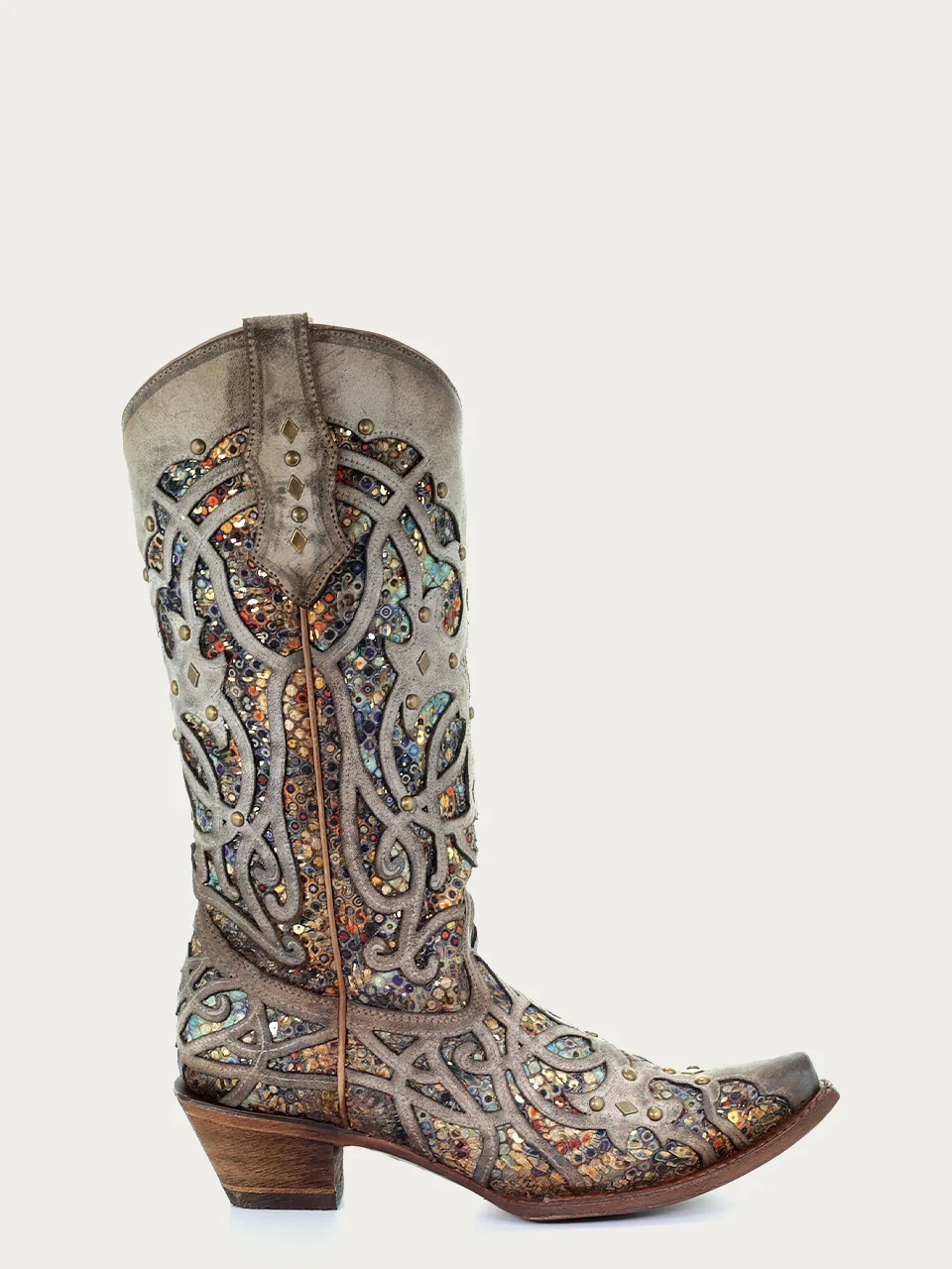 C3409 - WOMEN'S MULTICOLOR GLITTERED INLAY AND STUDS TAUPE SNIP TOE COWBOY BOOT - Image 2