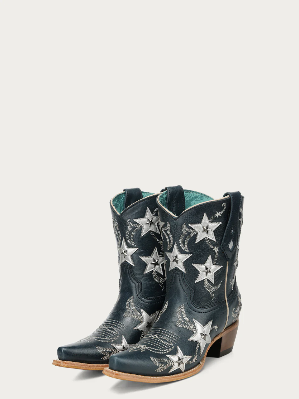 Z5544 - WOMEN'S NAVY BLUE EMBROIDERY STARS OVERLAY AND STUDS SNIP TOE ANKLE COWBOY BOOT