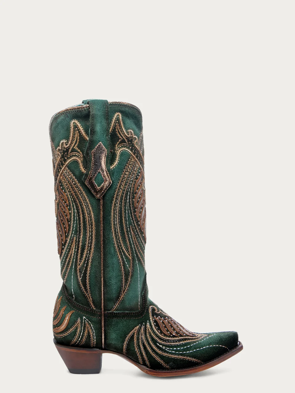A4714 - WOMEN'S OVERLAY EMBROIDERY AND STUDS GREEN SNIP TOE COWBOY BOOTS - Image 3