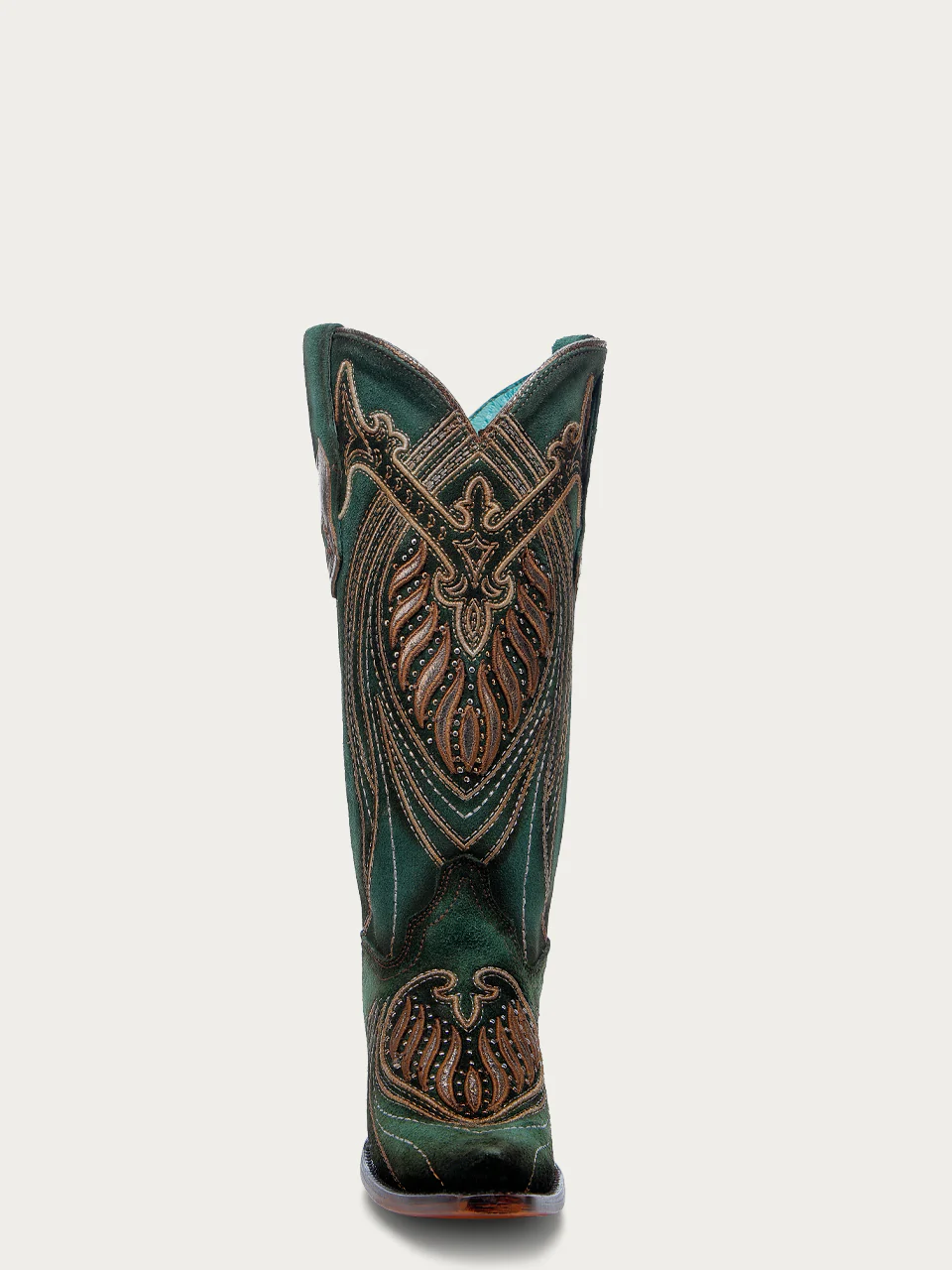 A4714 - WOMEN'S OVERLAY EMBROIDERY AND STUDS GREEN SNIP TOE COWBOY BOOTS - Image 4