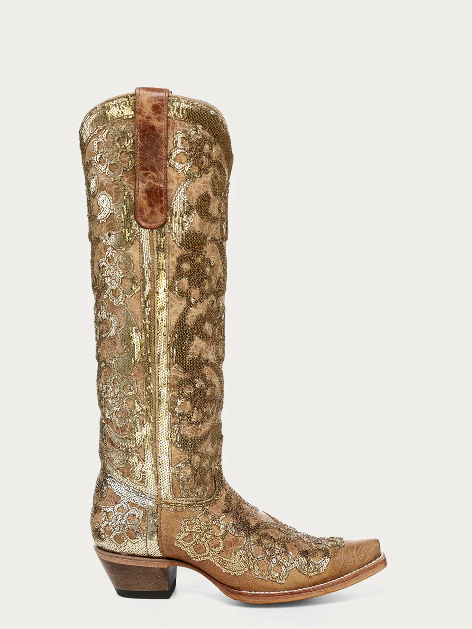 A4867 - WOMEN'S SAND OVERLAY AND SEQUIN-EMBROIDERY FLORAL PATTERN TALL TOP SNIP TOE COWBOY BOOT - Image 3