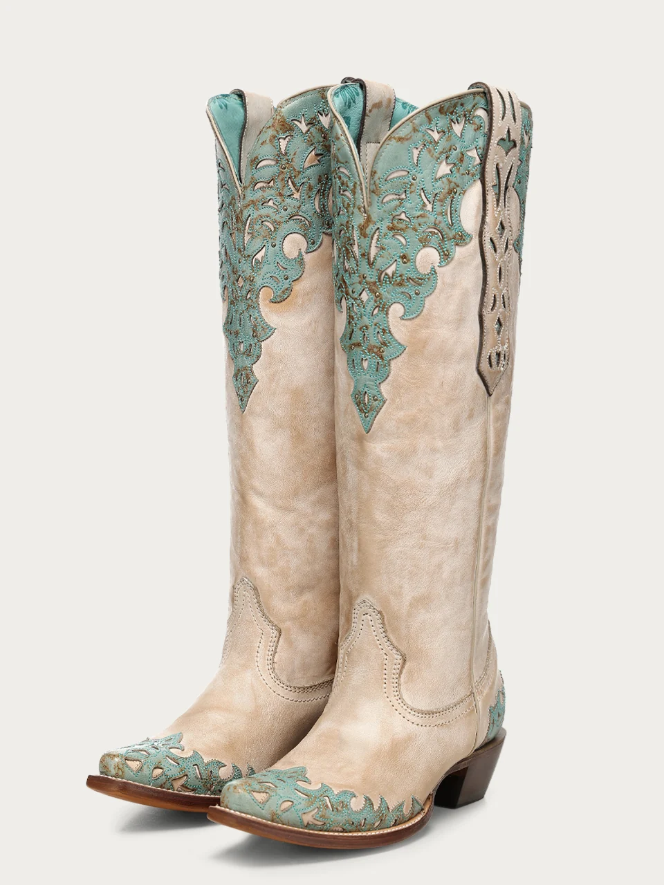 A5017 - WOMEN'S SAND OVERLAY EMBROIDERY AND STUDS TALL TOP SNIP TOE COWBOY BOOT