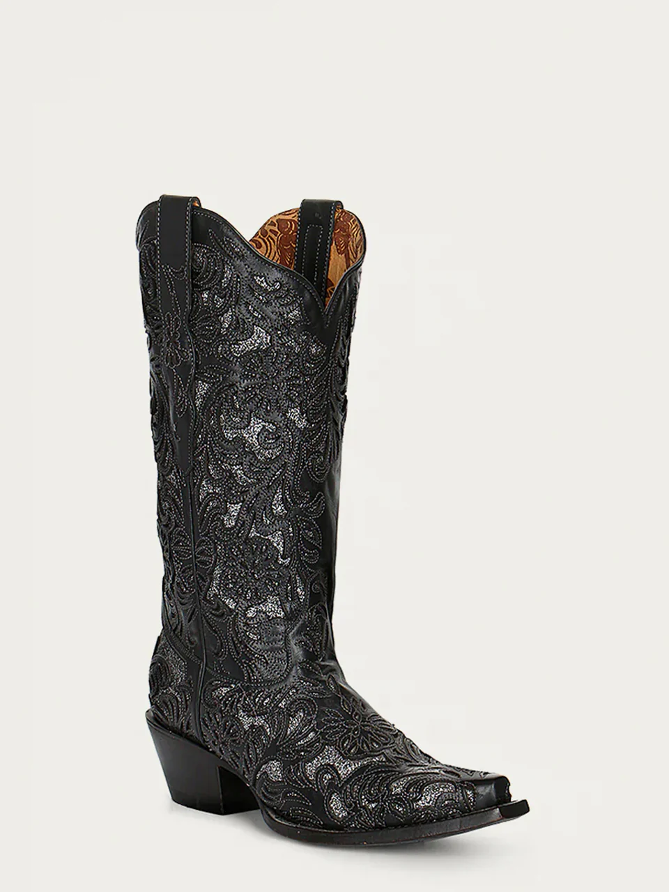 G1417 - WOMEN'S SILVER FULL GLITTER INLAY BLACK SNIP TOE COWBOY BOOT