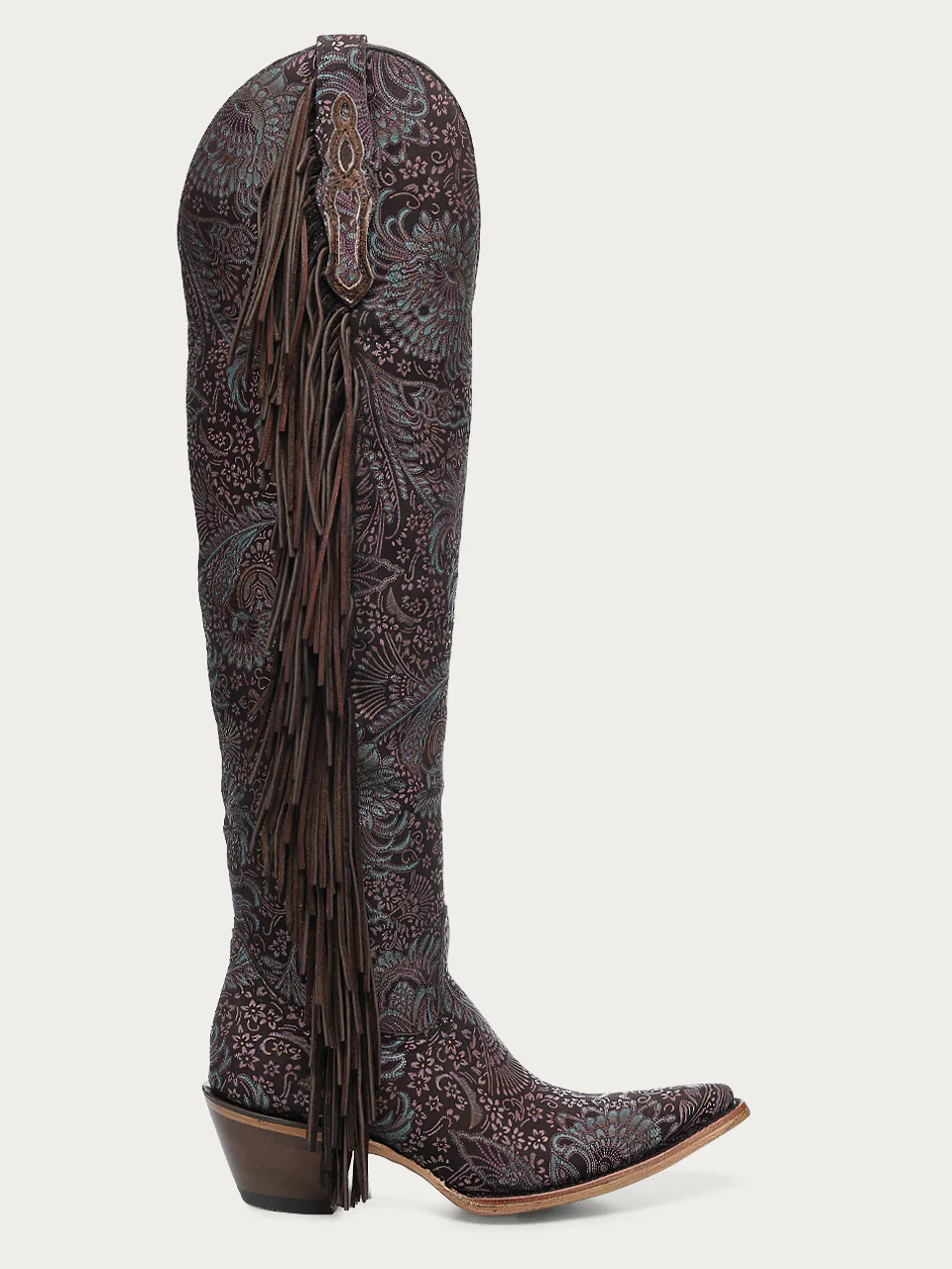 Z5497 - WOMEN'S STAMPED SUEDE WITH FRINGE BROWN TALL TOP POINTED TOE LAMB COWBOY BOOT - Image 3