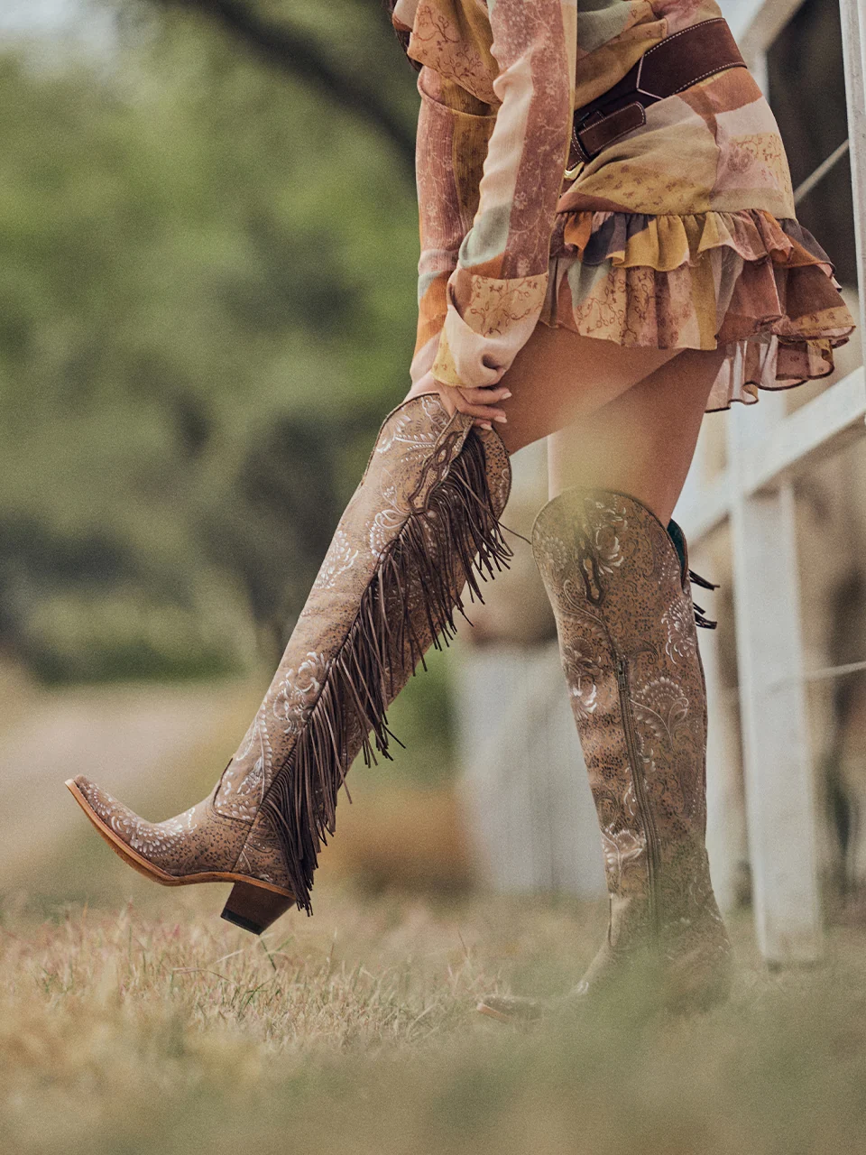 Z5496 - WOMEN'S STAMPED SUEDE WITH FRINGE SAND TALL TOP POINTED TOE LAMB COWBOY BOOT - Image 2