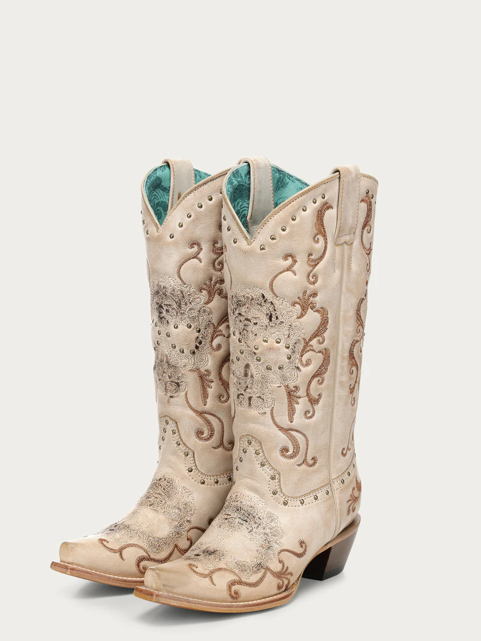 Z5491 - WOMEN'S STRAW AND WHITE FLORAL SUGAR SKULL SNIP TOE COWBOY BOOT
