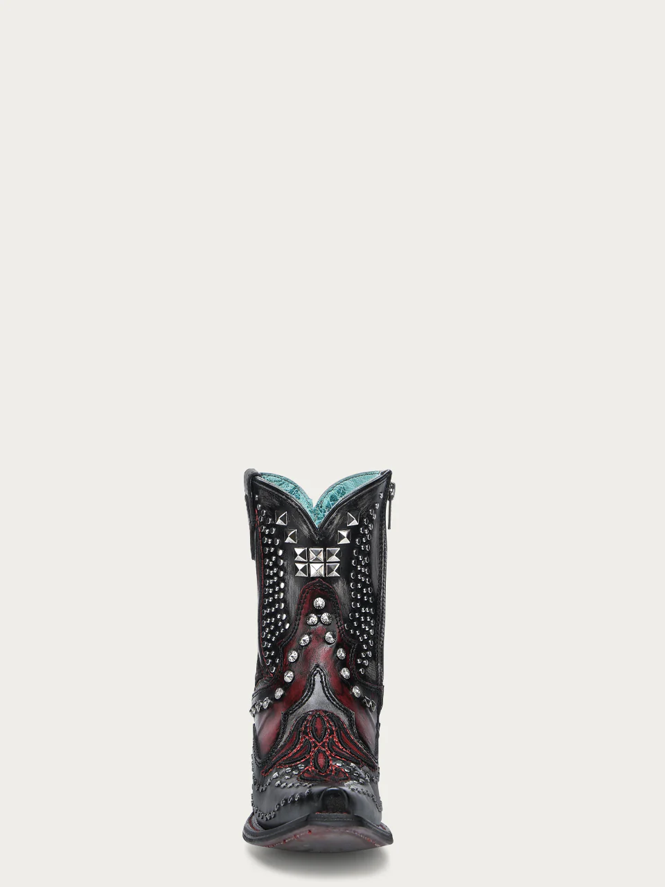 A4831 - WOMEN'S STUDED OVERLAY AND EMBROIDERY BLACK AND RED ANKLE SNIP TOE COWBOY BOOT WITH RUBBER SOLE - Image 4