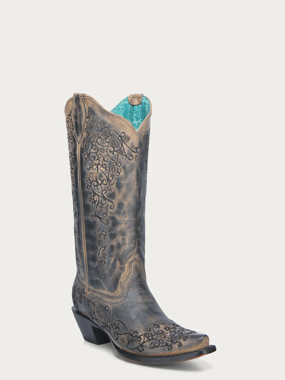A4802 - WOMEN'S TAUPE FLORAL EMBROIDERY SNIP TOE COWBOY BOOT
